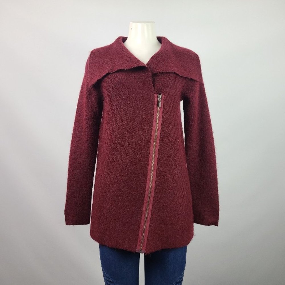 Red Wool Blend Zip Up Cardigan Jacket